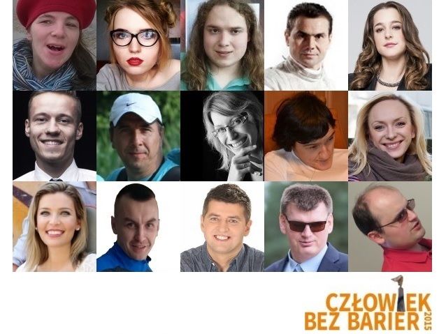 Kolaż zdjęć twarzy 15 finalistów konkursu Człowiek bez barier 2015