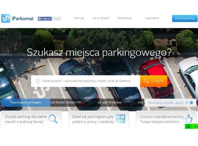 strona główna strony internetowej iparkomat.pl, przedstawia rząd zaparkowanych samochodów i pytanie "Szukasz miejsca parkingowego?"