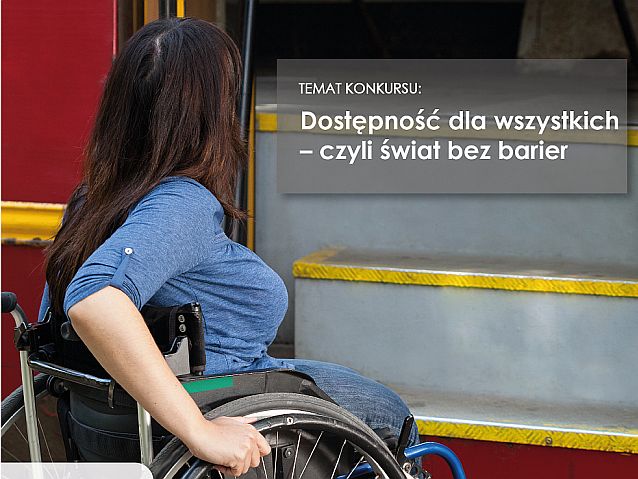 Plakat konkursu. Kobieta na wózku przed schodkami tramwaju