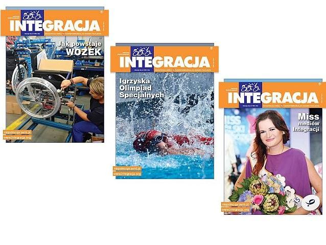 Trzy okładki magazynu Integracja. Na zdjęciach kolejno: produkcja wózka, pływak Olimpiad Specjalnych w basenie, Julita Kuczkowska, miss mediów Integracji