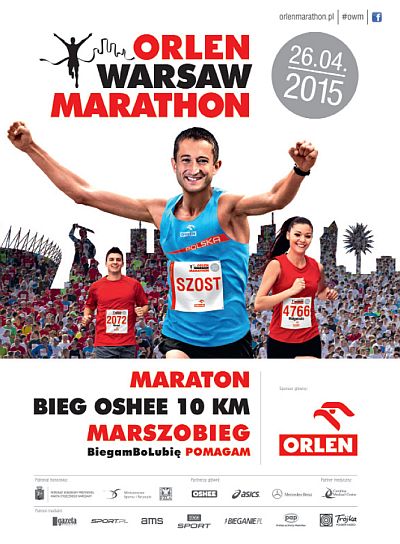 Plakat Orlen Warsaw Marathon, data: 26.04.2015, na zdjęciu: trójka biegaczy