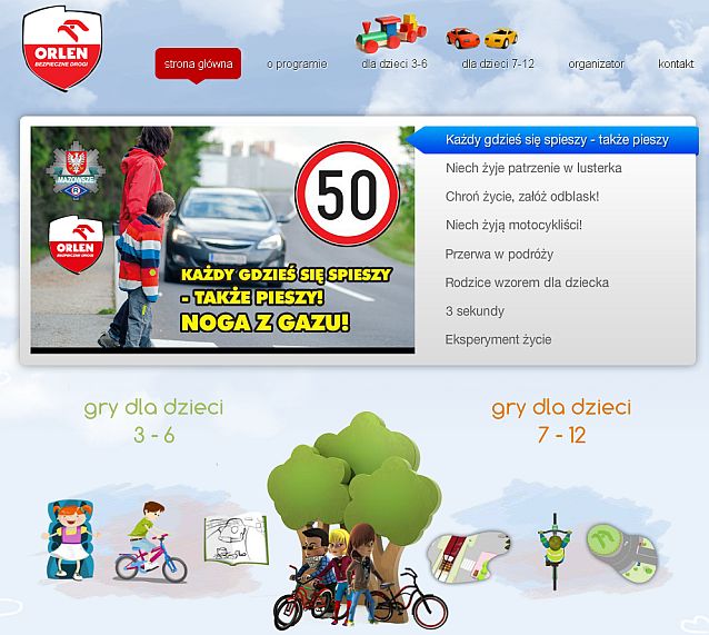 Zrzut z ekranu strony internetowej Orlen Bezpieczne Drogi z hasłem kampanii: Noga z gazu!