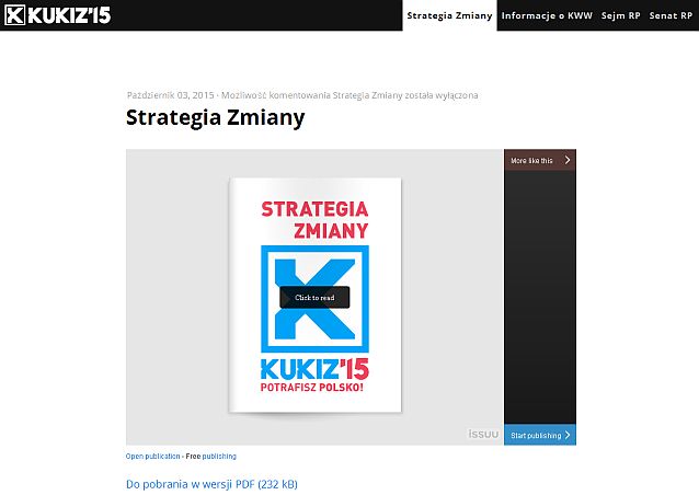 Strona ugrupowania Kukiz'15 ze strategią zmiany w formatach Flash lub PDF