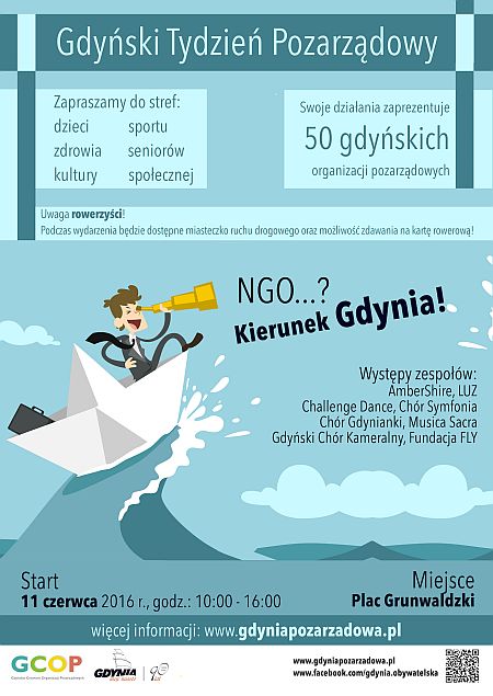 Plakat Gdyńskiego Tygodnia Pozarządowego. Opis alternatywny plakatu znajduje się w otaczającym plakat tekście
