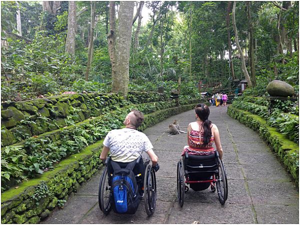 Kobieta i mężczyzna na wózkach na kamiennej ścieżce w dżungli