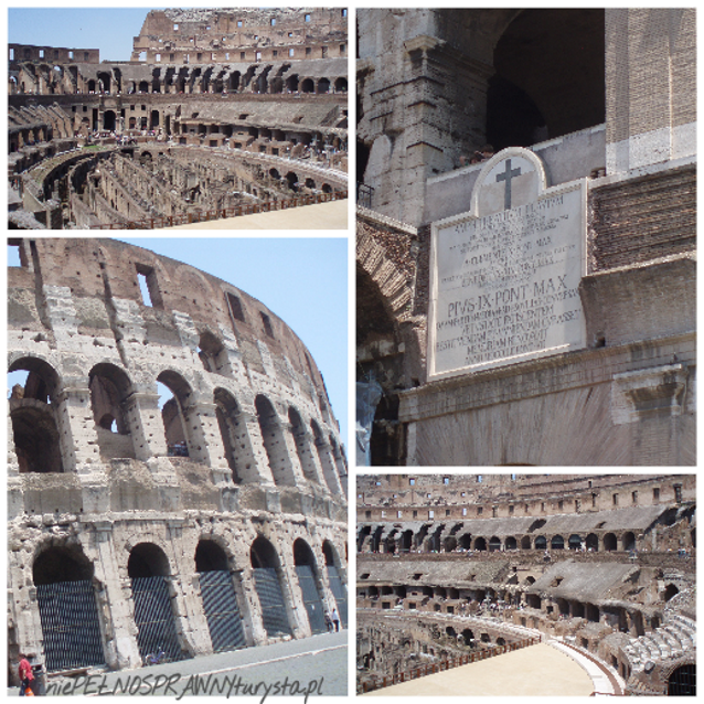 cztery zdjęcia z wnętrza Koloseum: arena, tablica pamiątkowa i widownia