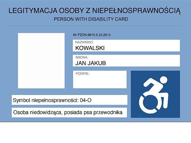 Awers naszej propozycji legitymacji osoby niepełnosprawnej. Błękitna, z niebieskim znaczkiem aktywnej osoby na wózku, miejsca nam.in.: imię, nazwisko, zdjęcie