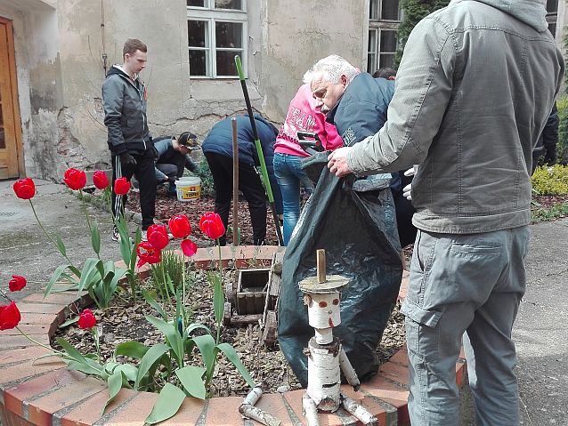 Mężczyźni w różnym wieku w trakcie prac ogrodniczych na dziedzińcu budynku