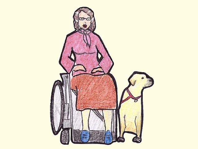 Rysunek kobiety na wózku, obok której siedzi pies asystujący