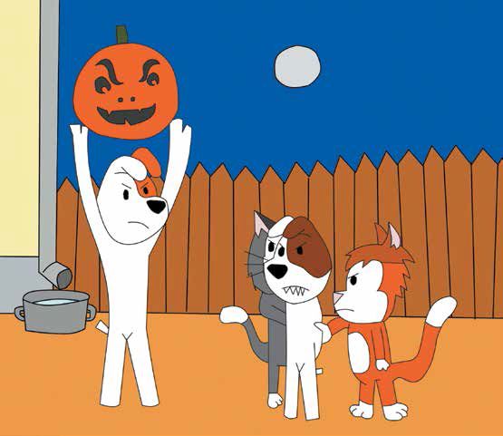 Kadr z filmu rysunkowego, na którym Reksio trzyma nad głową halloweenową dynię, a przed nim dwa koty przytrzumują złego Reksiona