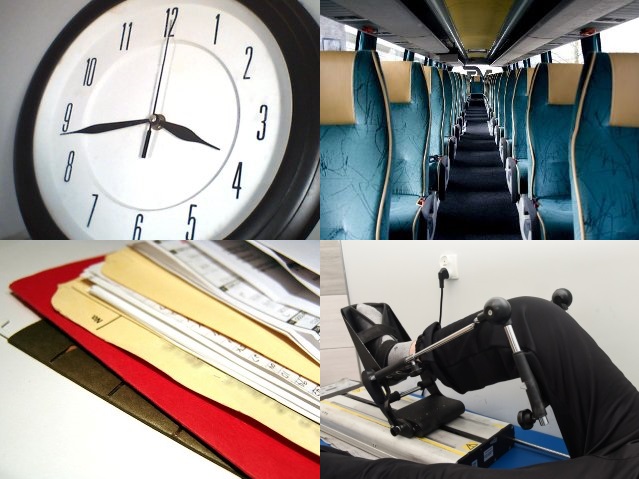 czter zdjęcia: zegar, wnętrze autobusu, dokumenty i rehabilitacja nogi