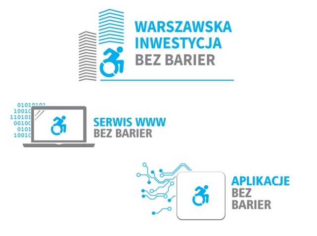 loga trzech konkursów Integracji: Serwis www bez barier, Aplikacje bez barier oraz Warszawska Inwestycja bez barier