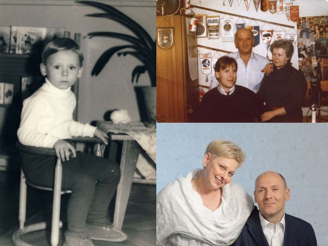 Trzy zdjęcia Piotra Pawłowskiego. Jedno jako dziecko, na drugim jako student z rodzicami, na trzecim współcześnie z żoną