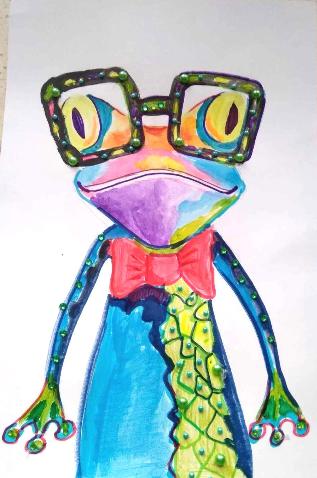 kolorowa żaba w czerwonej muszce i okularach