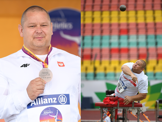 Damian Kulig z medalem, na drugim zdjęciu pcha kulę