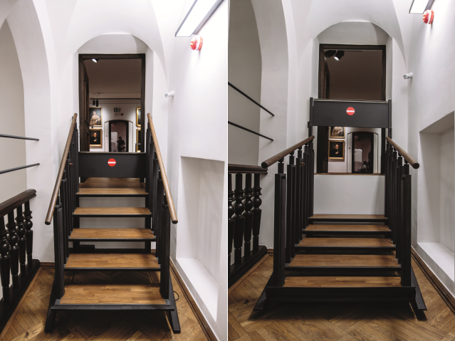 dwa zdjęcia przedstawiające schody i składającą schody platformę podłogową
