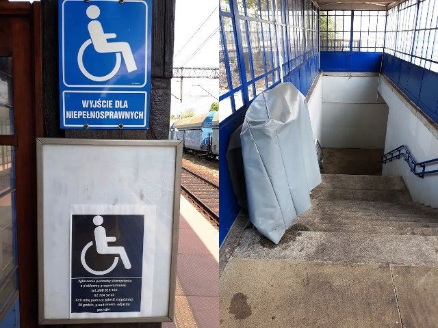 od lewej: znak niepełnosprawności na peronie, a pod nim tabliczka z nieczynną windą. na zdjęciu drugim - przykryty plandeką schodołaz na dworcu