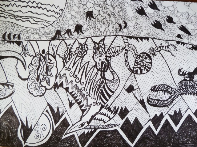 abstrakcyjna praca Dawida Opłotnego, wykonana z drobnych szczegółów czarno-białych