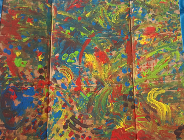 Abstrakcyjny obraz Jakuba Goska w większości wypełniony kolorami niebieskim, zielonym, żółtym i czerwonym