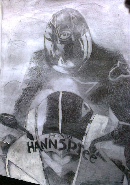 Rysunek ołówkiem motocyklisty w kasku siedzącego na motocyklu Honda