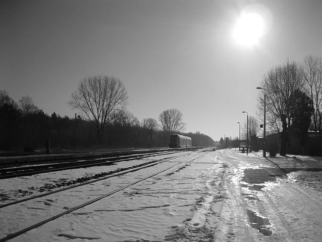 Czarno-białe zdjęcie pociągu jadącego po zaśnieżonych torach