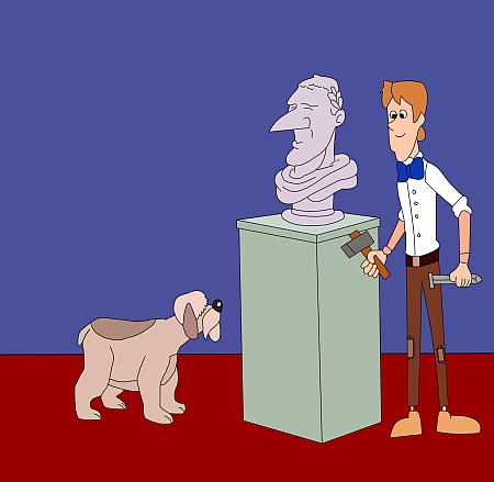Rysunek przedstawia psa oraz rzeźbiarza z młotkiem i dłutem w rękach, obok którego stoi wykute w kamieniu popiersie Cezara