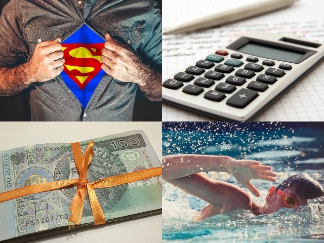 cztery zdjęcia: mężczyzna z koszulką Supermana, kalkulator, pieniądze owiniętę wstążką, chłopiec pływający w basenie