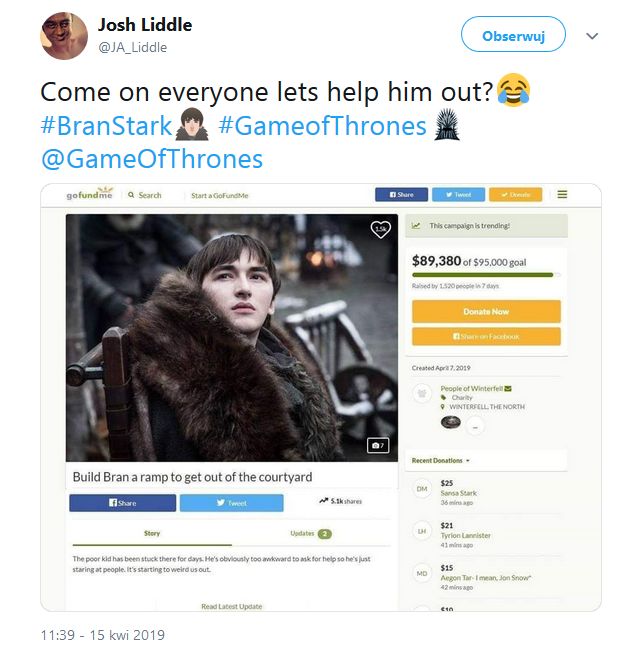 Screen z Twittera ze stroną, na której zbierane są pieniądze na podjazd dla Brana Starka