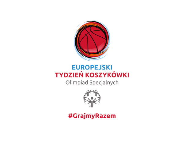 rysunek piłki do kosza i napis europejski tydzień koszykówki olimpiad specjalnych logo i hasztag #grajmyrazem