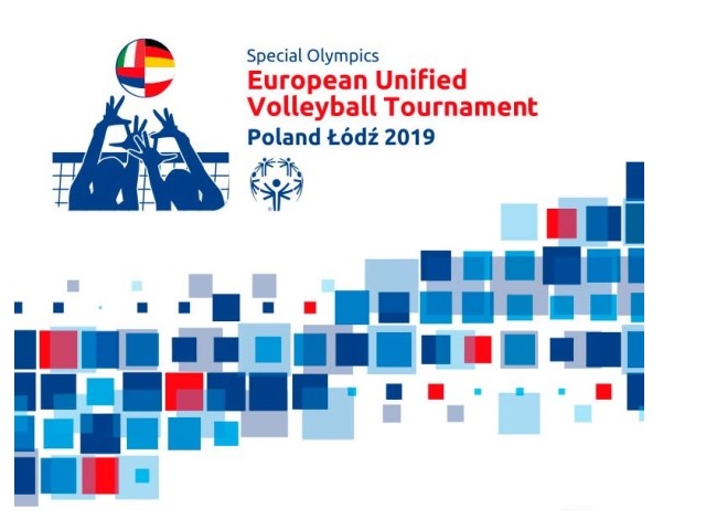 plakat rysunek dwóch osób odbijających piłkę w kolorze różnych flag napis Special Olympics European Unified Volleyball Tournament Poland Łódź 2019 na dole niebiesko czerwone kwadraty mozaika