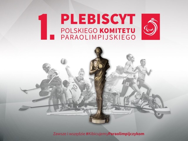 szare tło z paraolimpijczykami pośrodku statuetka plebiscytu na górze czerwony napis 1 plebiscyt Polskiego Komitetu Paraolimpijskiego i logo