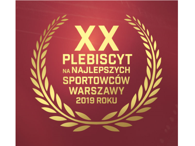 na tle bordowym żółty napis XX plebiscyt na najlepszych sportowców Warszawy 2019 roku