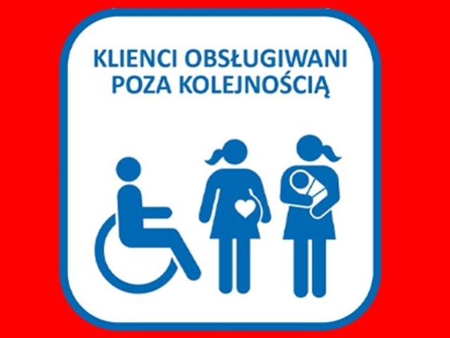 znak informujący o pierwszeństwie obsługi. Symbole: osoby z niepełnosprawnością, kobiety w ciąży i osoby starszej