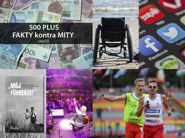 fragmentty sześciu zdjęc, m.in: pieniądze, wózek inwalidzki, okładka książki o sterylizacji osób z niepełnosprawnością w III Rzeszy, dwóch polskich zawodników biegnie na mistrzostwach po bieżni