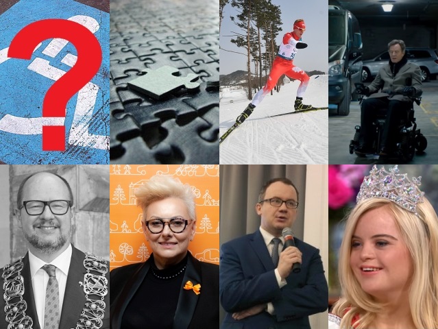 fragmenty ośmiu zdjęć: czerwony znak zapytania, puzzle, Witold Skupień, mężczyzna na wózku elektrycznym, śp. Paweł Adamowicz, Ewa Pawłowska, Adam Bodnar, Kate Grant - modelka z zespołem Downa