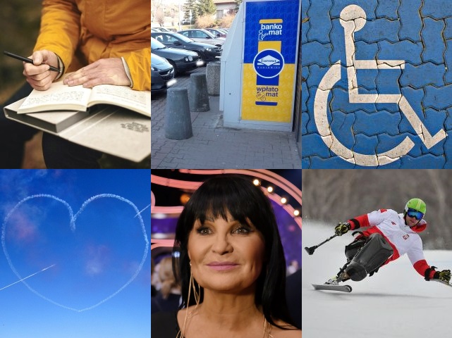 sześć zdjęć: osoba pisząca w zeszycie, bankomat na chodniku, niebieska koperta, Igor Sikorski, Iwona Pavlović, serce na niebie