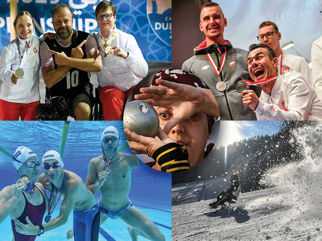 cztery zdjęcia sportowców z medalami lub tuż po wygranej