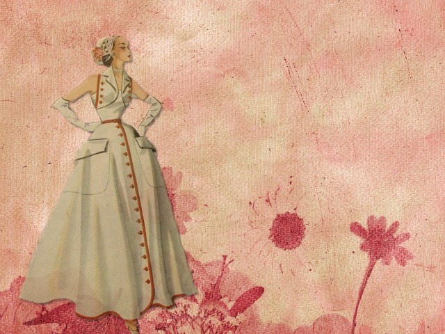 obrazek w stylu vintage na różowym tle kobieta w długiej bialej sukni i nakryciu głowy, na dole różowe kwiaty