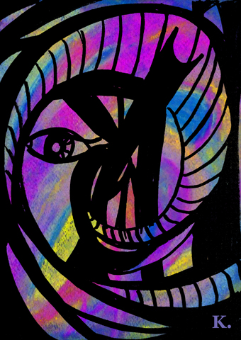 kolorowy obraz z czarną spiralą i okiem