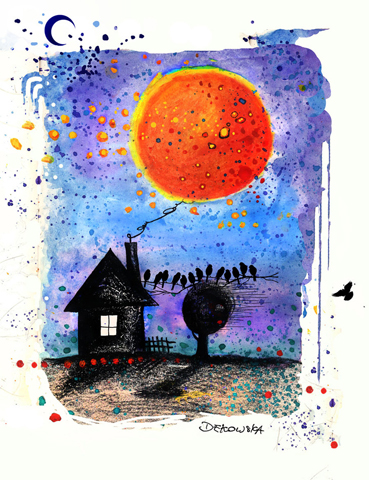 grafika czarnego domu, drzewa i kruków. Z komina na unosi się na środku obrazka pomarańczowo-żółta kula