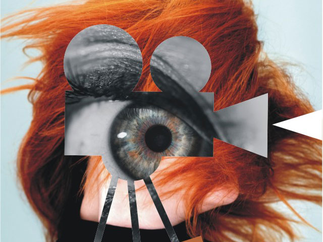 fragment plakatu: rozwiane włosy dziewczyny, która przekręca głowę w bok. na jej twarzy przez fotomontaż znajduje się kamera ze statywem