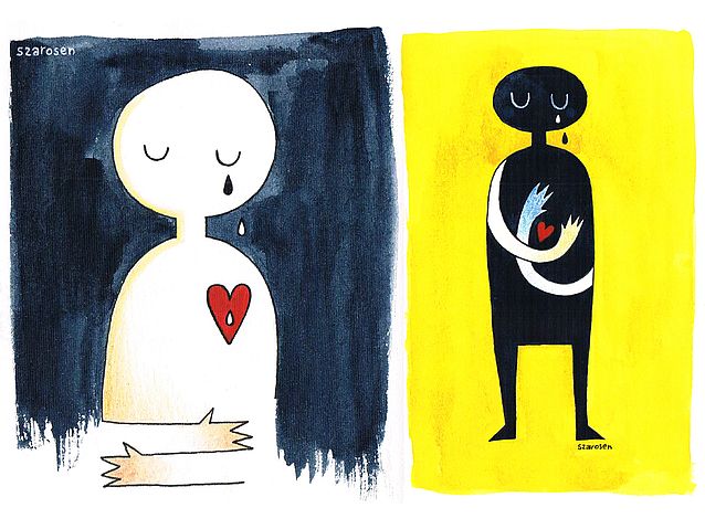 Dwa rysunki płaczących ludzkich sylwetek z widocznym sercem. Obie postacie oplatają ręce