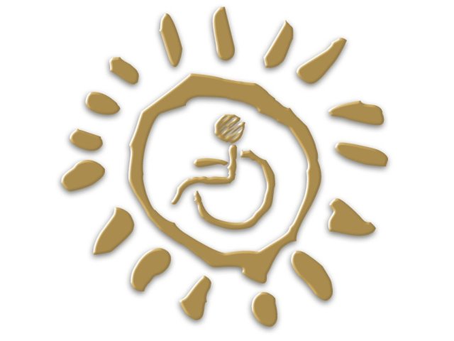 logo znak osoby na wózku wpisany w okrąg jakby słońca od którego odchodzą promienie wszystko w kolorze złotym