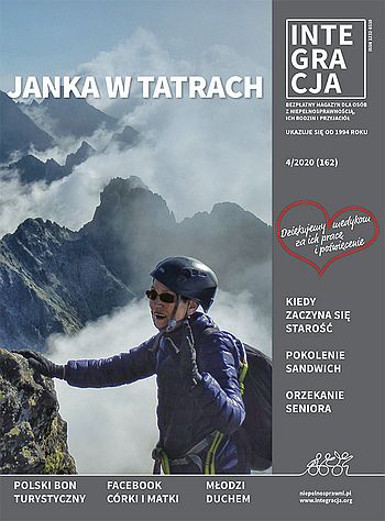 Okładka magazynu Integracja. Główny tytuł brzmi: Janka w Tatrach. Na zdjęciu kobieta w kasku i z plecakiem podczas wspinaczki w wysokich górach. W tle szczyty gór