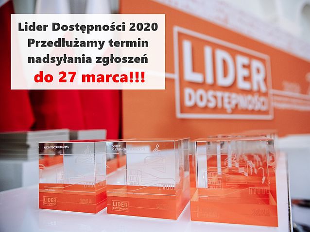 Zdjęcie statuetek i napis: Lider Dostępności 2020. Przedłużamy termin nadsyłania zgłoszeń do 27 marca!!!