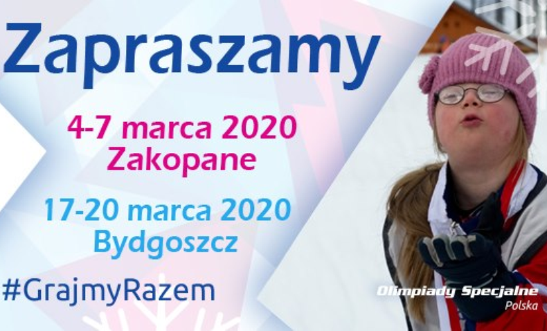 plakat po prawej dziewczynka z zespołem Downa w zimowym stroju pośrodku napis zapraszamy 4-7 marca 2020 zakopane 17-20 marca 2020 Bydgoszcz