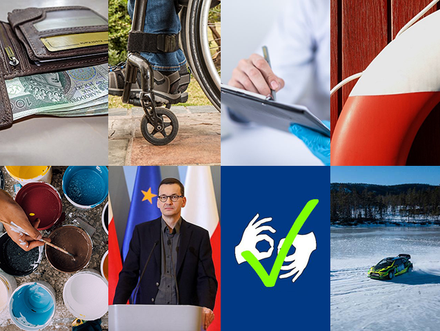 osiem fragmentów zdjęć: portfel, lekarz trzyma tablet, stopy na wózku inwalidzkim, koło ratunkowe, symbol języka migowego, premier Morawiecki, samochód driftujący na śniegu