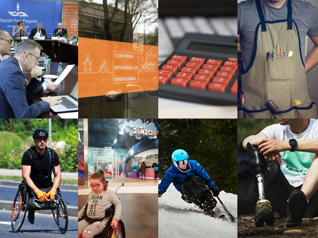 osiem zdjęć m.in. proteza nogi, sportowiec na monoski, dziewczynka na wózku, kalkulator