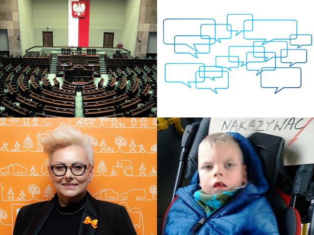cztery zdjęcia: sala sejmowa, dymki konwersacji, Ewa Pawłowska, chłopiec z niepełnosprawnością