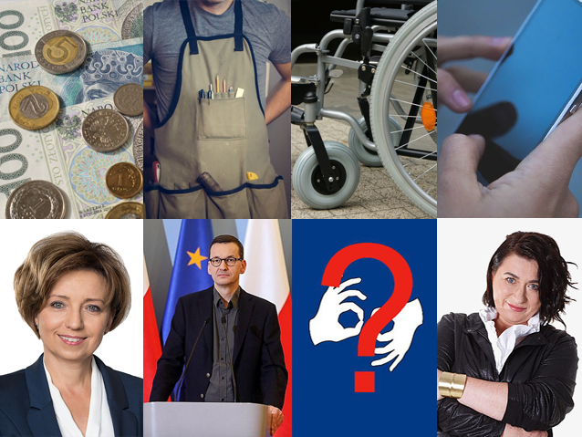 osiem fragmentów zdjęć m.in. pieniądze, minister Maląg, Dorota Próchniewicz, telefon, wózek